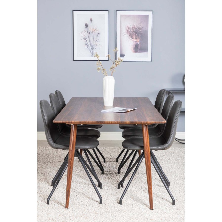 VENTURE DESIGN Polar spisebordsst, m. 6 stole -  brun valnddefolie MDF/metal, sort PU/sort metal
