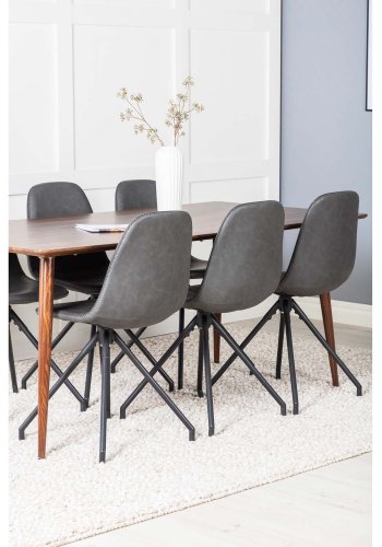 VENTURE DESIGN Polar spisebordsst, m. 6 stole -  brun valnddefolie MDF/metal, sort PU/sort metal