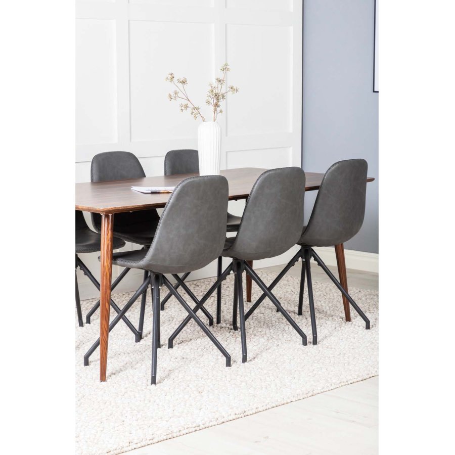 VENTURE DESIGN Polar spisebordsst, m. 6 stole -  brun valnddefolie MDF/metal, sort PU/sort metal