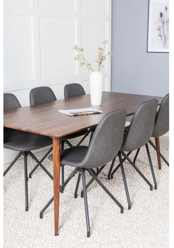 VENTURE DESIGN Polar spisebordsst, m. 6 stole -  brun valnddefolie MDF/metal, sort PU/sort metal