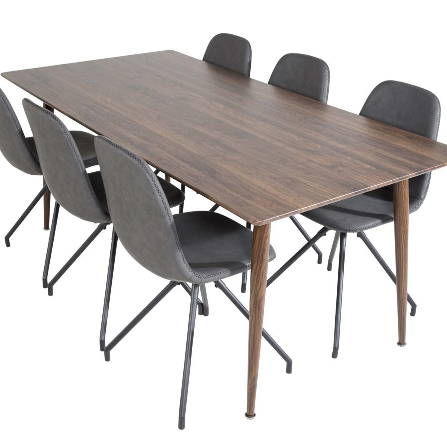 VENTURE DESIGN Polar spisebordsst, m. 6 stole -  brun valnddefolie MDF/metal, sort PU/sort metal