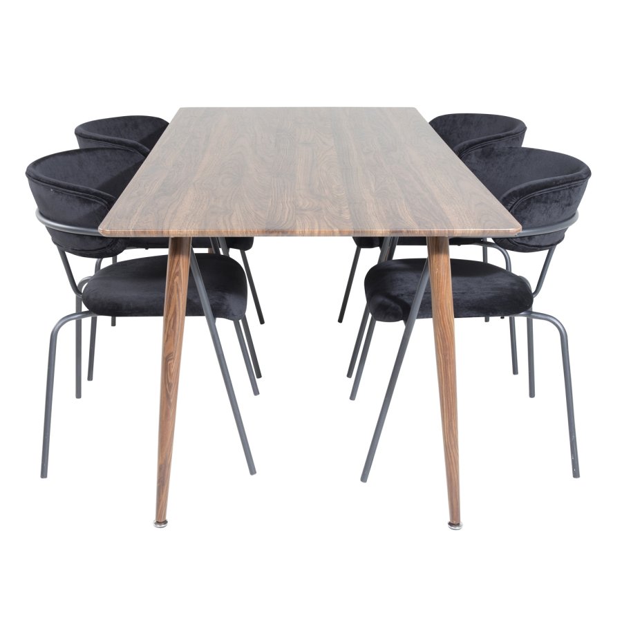 VENTURE DESIGN Polar spisebordsett, m. 4 stoler - brun valnttfolie MDF/metall, sort flyel/metall