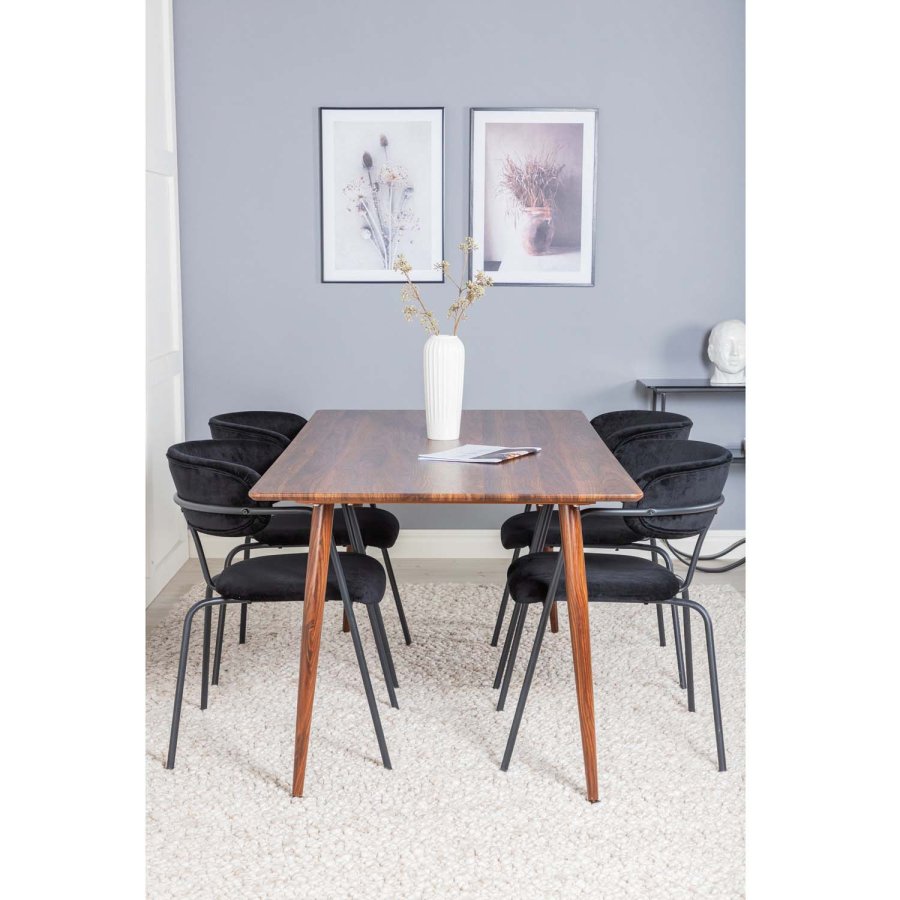 VENTURE DESIGN Polar spisebordsett, m. 4 stoler - brun valnttfolie MDF/metall, sort flyel/metall