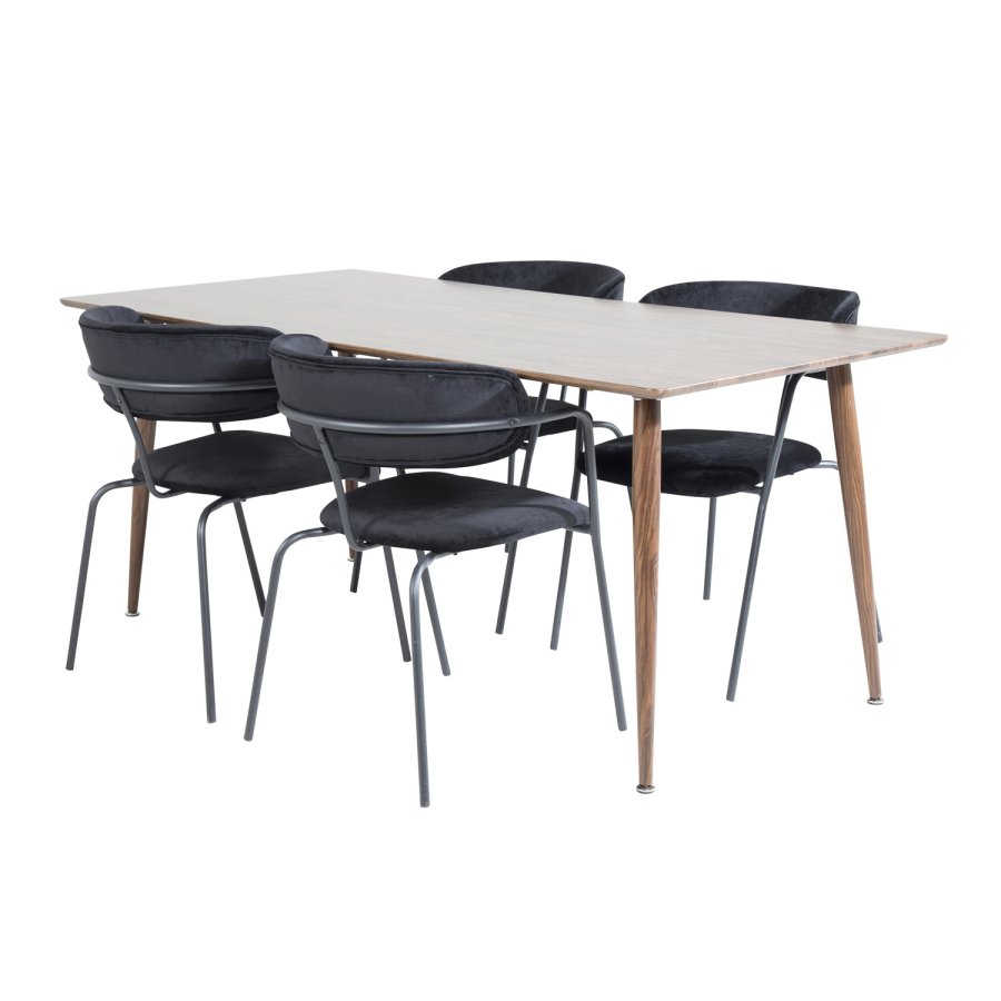 VENTURE DESIGN Polar spisebordsett, m. 4 stoler - brun valnttfolie MDF/metall, sort flyel/metall