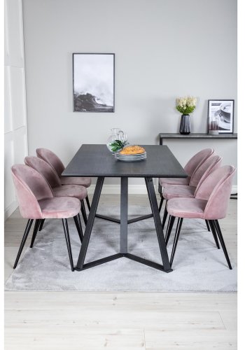 VENTURE DESIGN Marina Matbordsset, med 6 Stolar - Svart Fanér / Svart Metall och Rosa Sammet / Svart Metall