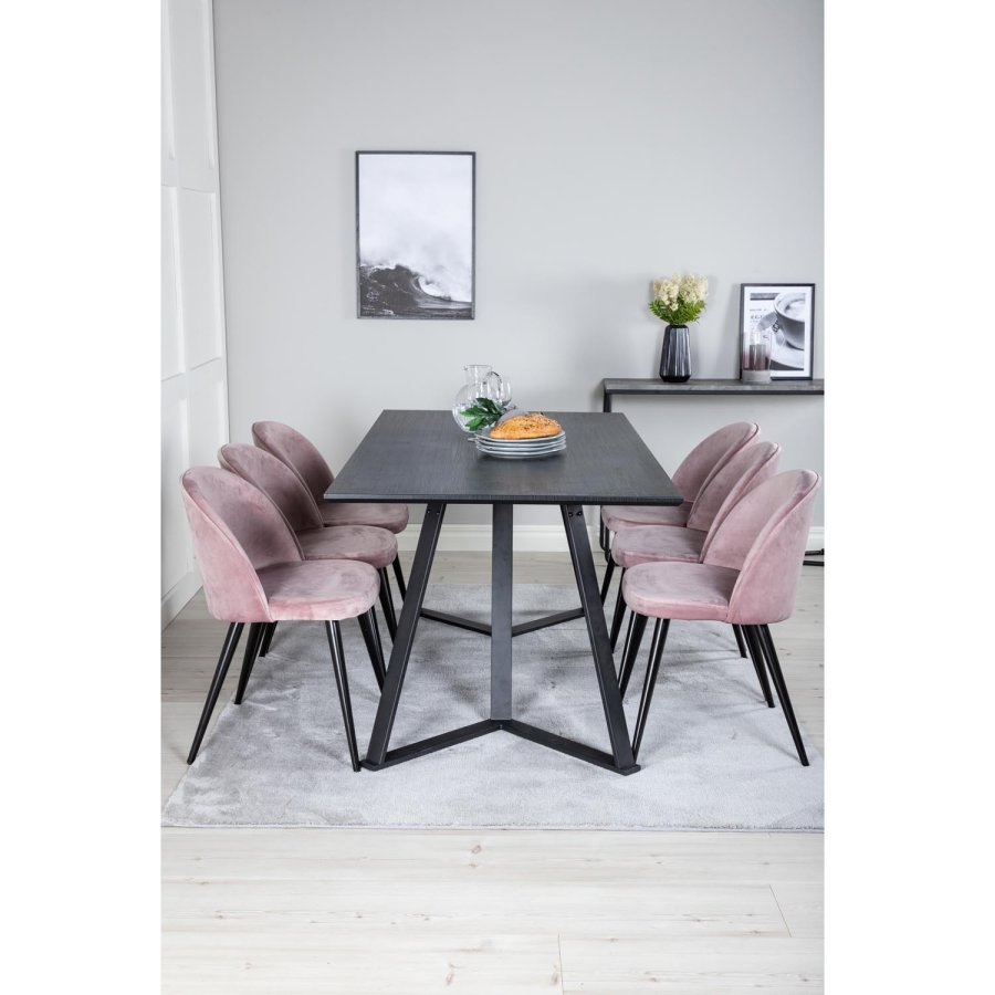 VENTURE DESIGN Marina Matbordsset, med 6 Stolar - Svart Fanér / Svart Metall och Rosa Sammet / Svart Metall