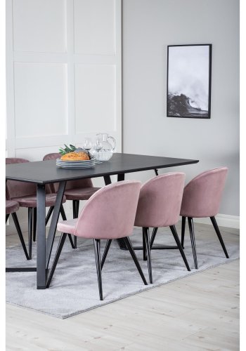 VENTURE DESIGN Marina Matbordsset, med 6 Stolar - Svart Fanér / Svart Metall och Rosa Sammet / Svart Metall