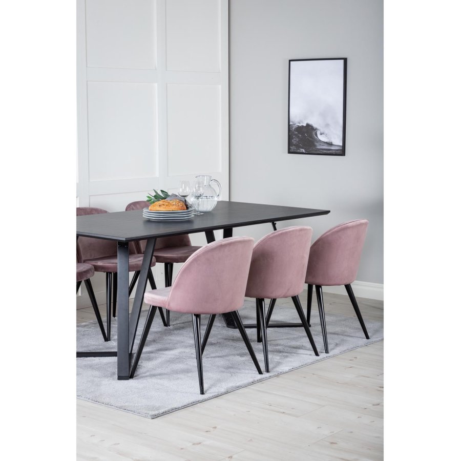 VENTURE DESIGN Marina Matbordsset, med 6 Stolar - Svart Fanér / Svart Metall och Rosa Sammet / Svart Metall