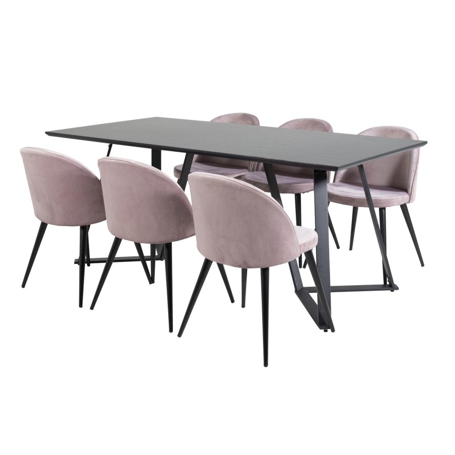 VENTURE DESIGN Marina Matbordsset, med 6 Stolar - Svart Fanér / Svart Metall och Rosa Sammet / Svart Metall