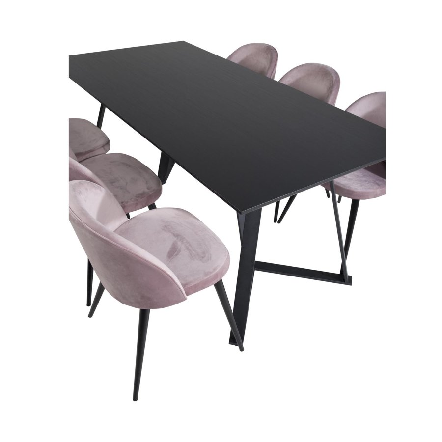 VENTURE DESIGN Marina Matbordsset, med 6 Stolar - Svart Fanér / Svart Metall och Rosa Sammet / Svart Metall