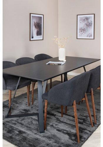 VENTURE DESIGN Marina spisebordsst, m. 6 stole - sort finer/sort metal og sort stof/folie metal