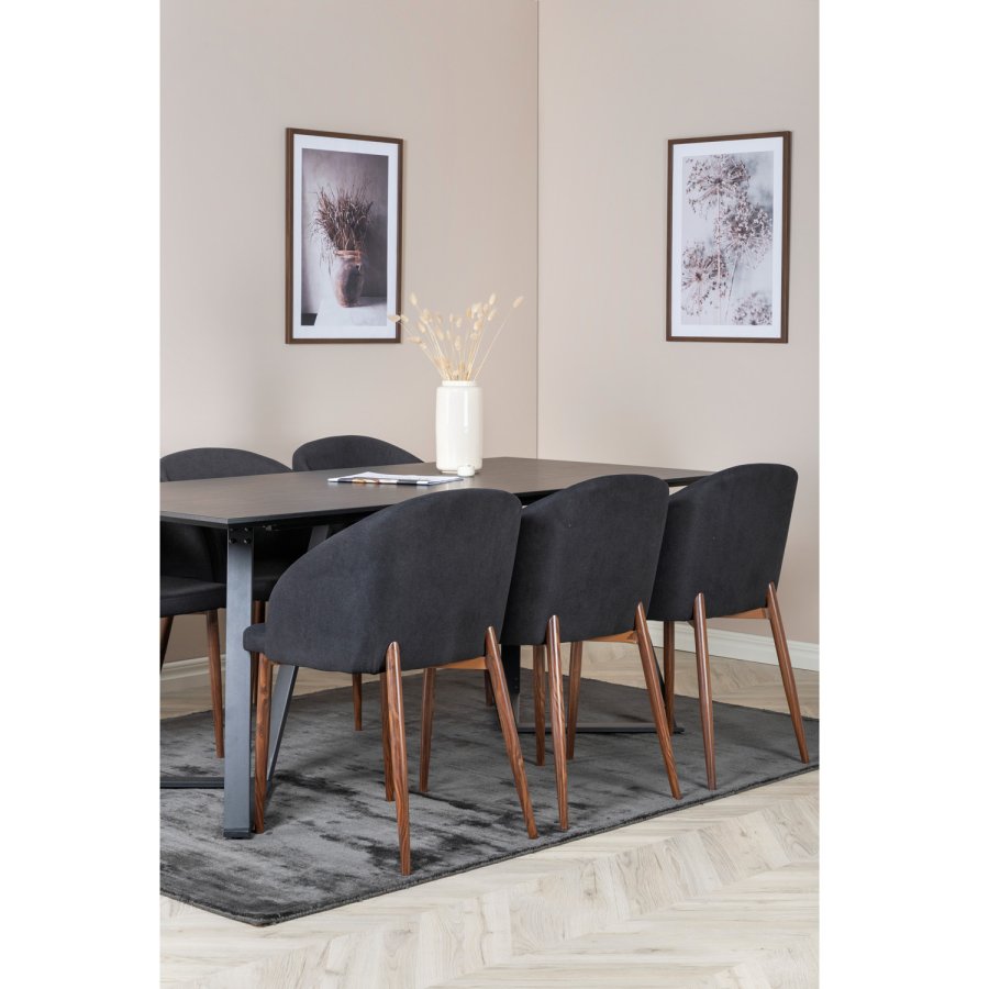 VENTURE DESIGN Marina spisebordsst, m. 6 stole - sort finer/sort metal og sort stof/folie metal