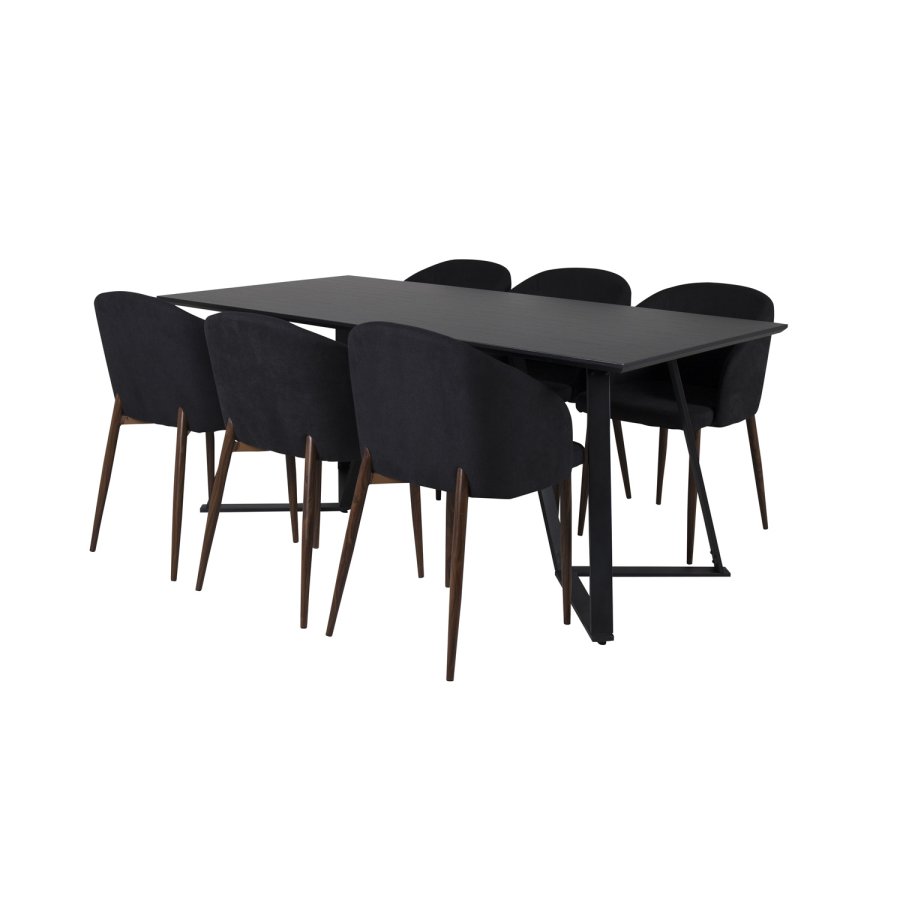 VENTURE DESIGN Marina spisebordsst, m. 6 stole - sort finer/sort metal og sort stof/folie metal