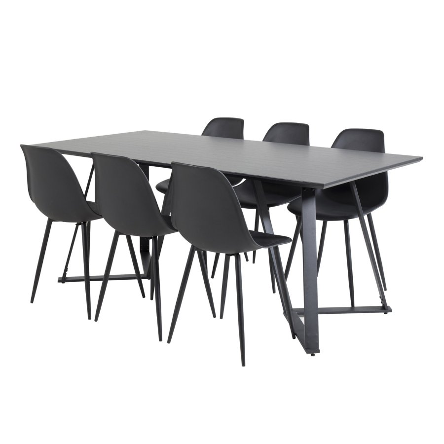 VENTURE DESIGN Marina spisebordsst, m. 6 stole - sort finer/sort metal og sort plastik/sort jern