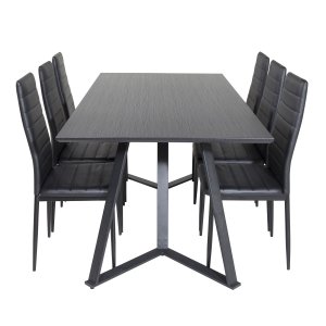 VENTURE DESIGN Marina Matbordsset, med 6 Stolar - Svart Fanér / Svart Metall och Svart PU / Svart Metall