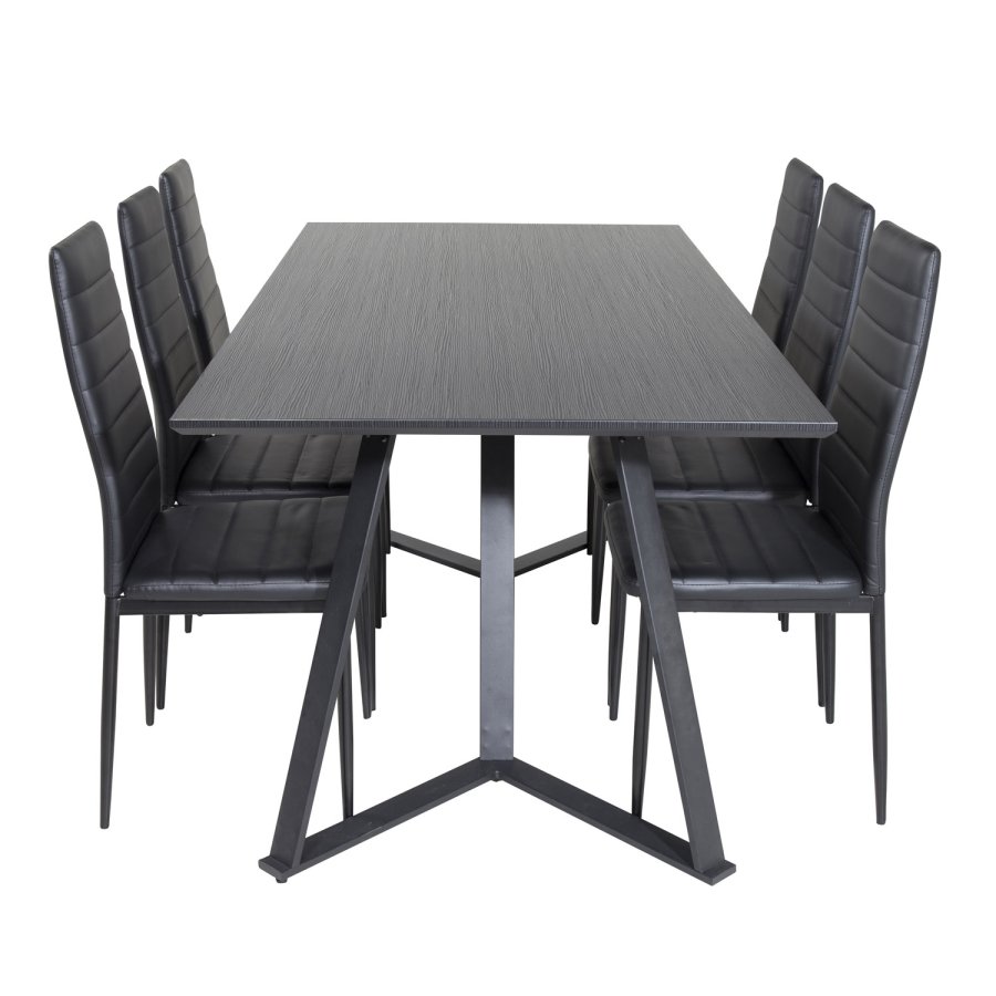 VENTURE DESIGN Marina Matbordsset, med 6 Stolar - Svart Fanér / Svart Metall och Svart PU / Svart Metall