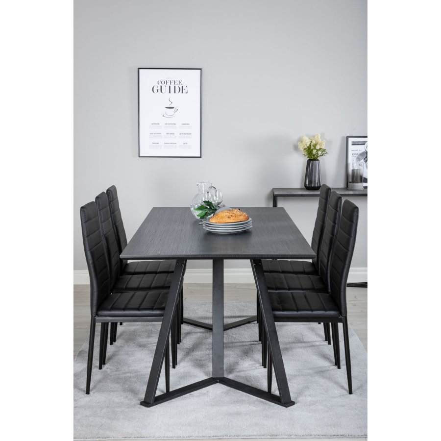 VENTURE DESIGN Marina Matbordsset, med 6 Stolar - Svart Fanér / Svart Metall och Svart PU / Svart Metall