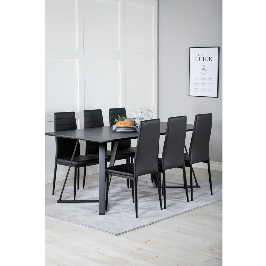 VENTURE DESIGN Marina Matbordsset, med 6 Stolar - Svart Fanér / Svart Metall och Svart PU / Svart Metall