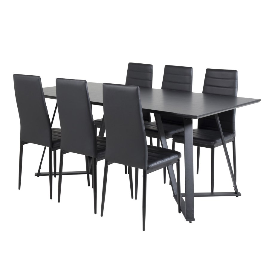 VENTURE DESIGN Marina Matbordsset, med 6 Stolar - Svart Fanér / Svart Metall och Svart PU / Svart Metall