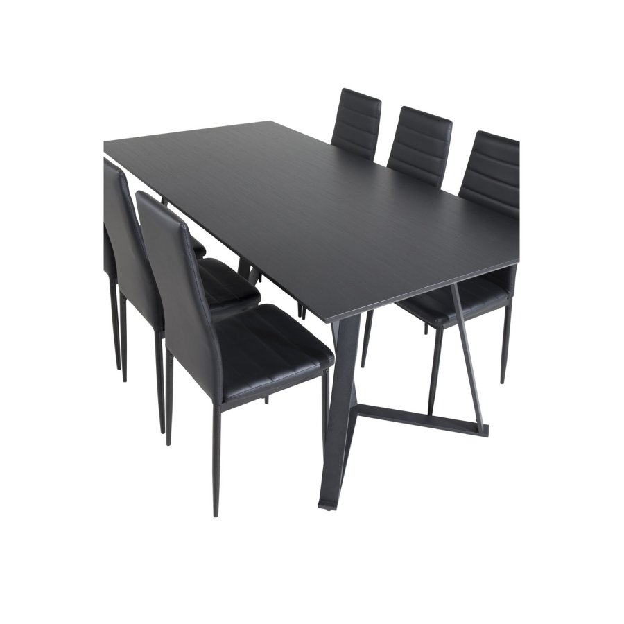 VENTURE DESIGN Marina Matbordsset, med 6 Stolar - Svart Fanér / Svart Metall och Svart PU / Svart Metall