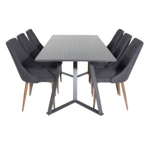 VENTURE DESIGN Marina Matbordsset, med 6 Stolar - Svart Fanér / Svart Metall och Svart Tyg / Foliemetall