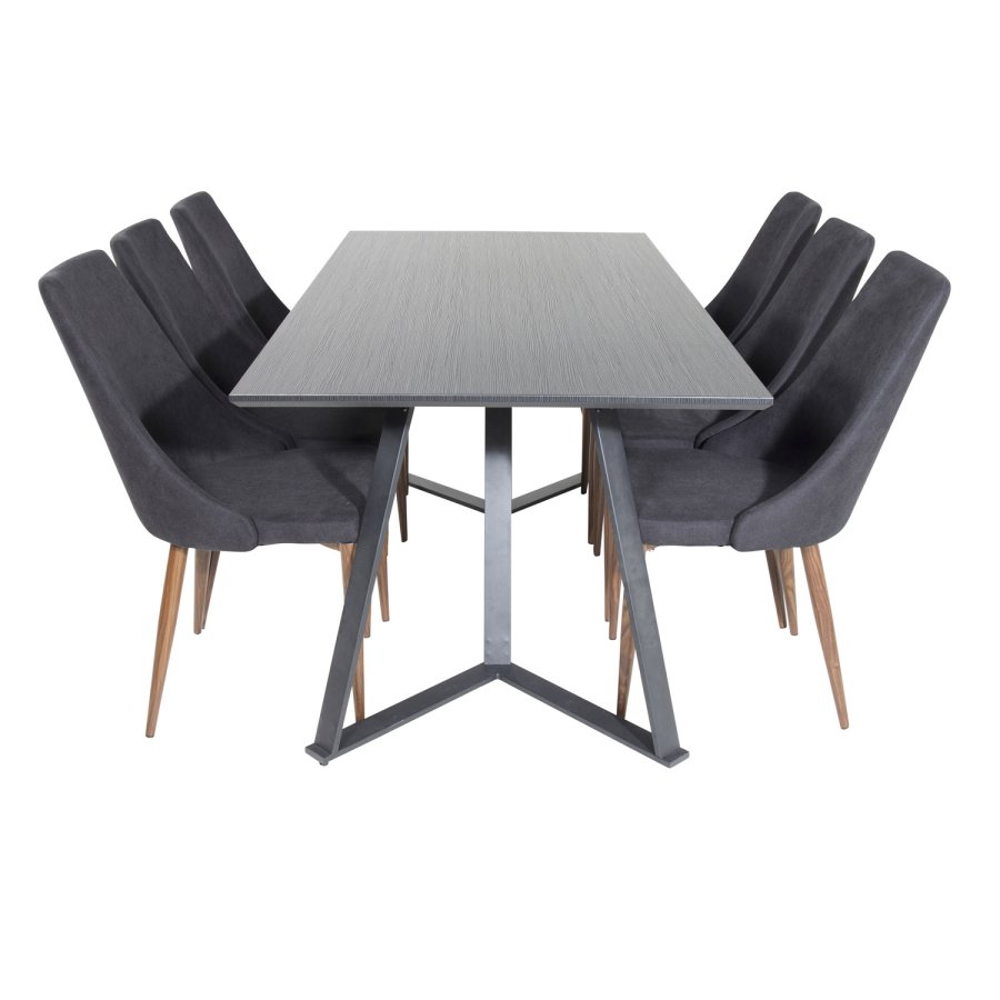 VENTURE DESIGN Marina spisebordsst, m. 6 stole - sort finer/sort metal og sort stof/folie metal