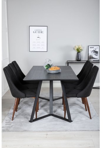VENTURE DESIGN Marina spisebordsst, m. 6 stole - sort finer/sort metal og sort stof/folie metal