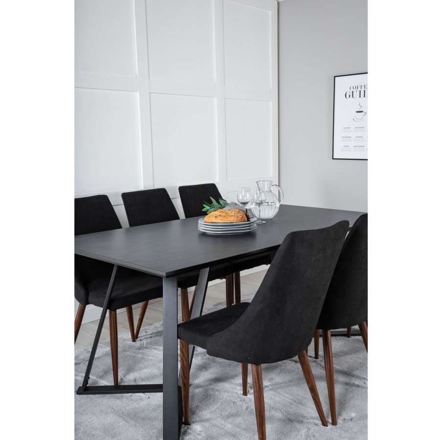 VENTURE DESIGN Marina spisebordsst, m. 6 stole - sort finer/sort metal og sort stof/folie metal