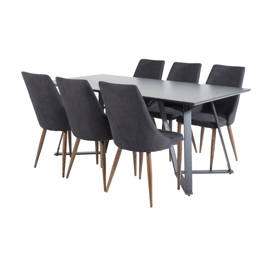 VENTURE DESIGN Marina spisebordsst, m. 6 stole - sort finer/sort metal og sort stof/folie metal