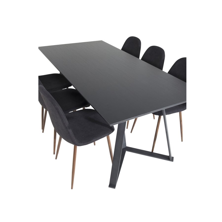 VENTURE DESIGN Marina spisebordsst, m. 6 stole - sort finer/sort metal og sort stof/folie metal