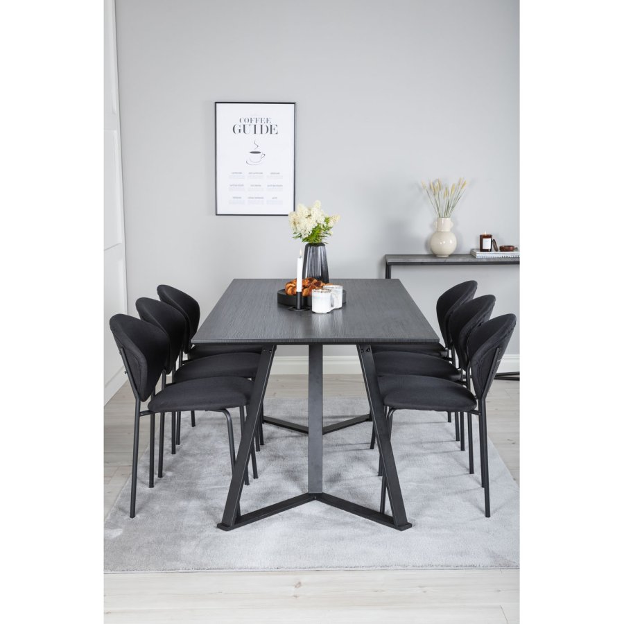 VENTURE DESIGN Marina spisebordsst, m. 6 stole - sort finer/sort metal og sort stof/sort metal