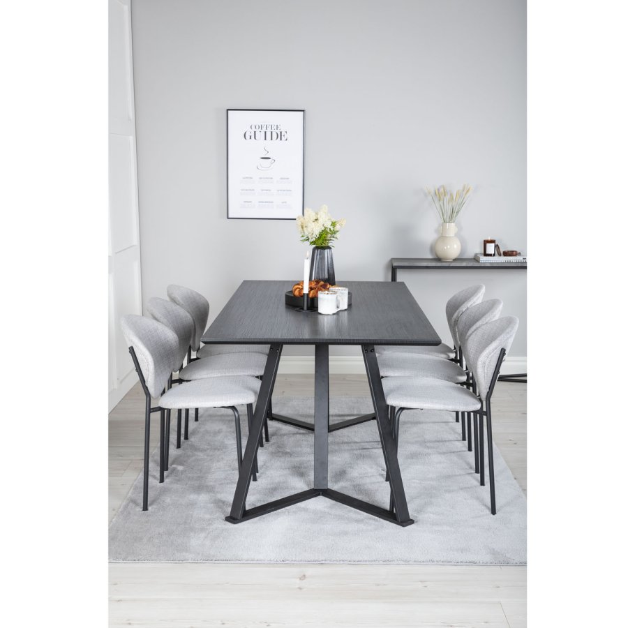 VENTURE DESIGN Marina spisebordsst, m. 6 stole - sort finer/sort metal og gr stof/sort metal
