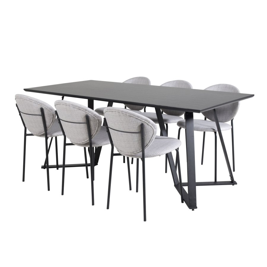 VENTURE DESIGN Marina spisebordsst, m. 6 stole - sort finer/sort metal og gr stof/sort metal
