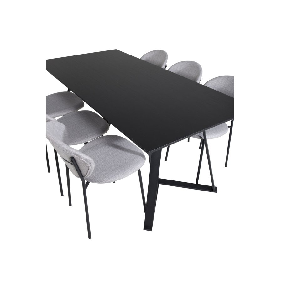 VENTURE DESIGN Marina spisebordsst, m. 6 stole - sort finer/sort metal og gr stof/sort metal