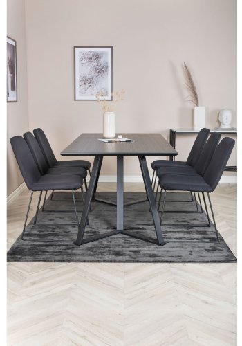 VENTURE DESIGN Marina spisebordsst, m. 6 stole - sort finer/sort metal og sort stof/sort metal