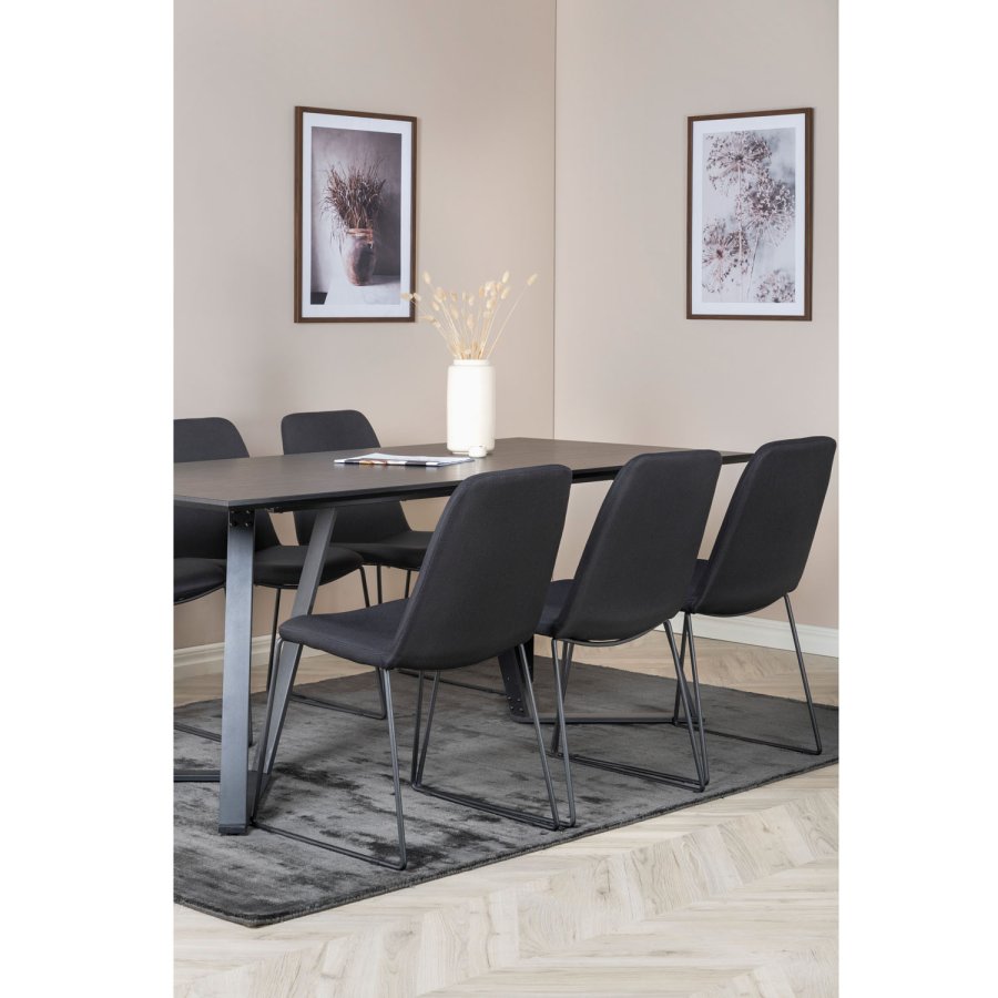 VENTURE DESIGN Marina spisebordsst, m. 6 stole - sort finer/sort metal og sort stof/sort metal