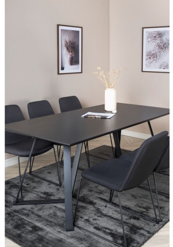 VENTURE DESIGN Marina spisebordsst, m. 6 stole - sort finer/sort metal og sort stof/sort metal