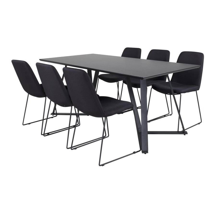 VENTURE DESIGN Marina spisebordsst, m. 6 stole - sort finer/sort metal og sort stof/sort metal