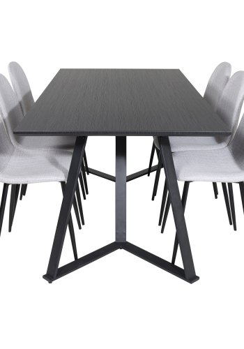 VENTURE DESIGN Marina Matbordsset, med 6 Stolar - Svart Fanér / Svart Metall och Ljusgrtt Tyg / Svart Metall