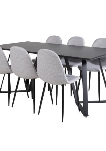 VENTURE DESIGN Marina Matbordsset, med 6 Stolar - Svart Fanér / Svart Metall och Ljusgrtt Tyg / Svart Metall