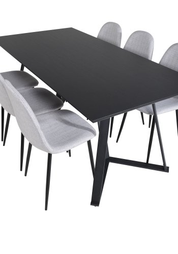 VENTURE DESIGN Marina Matbordsset, med 6 Stolar - Svart Fanér / Svart Metall och Ljusgrtt Tyg / Svart Metall