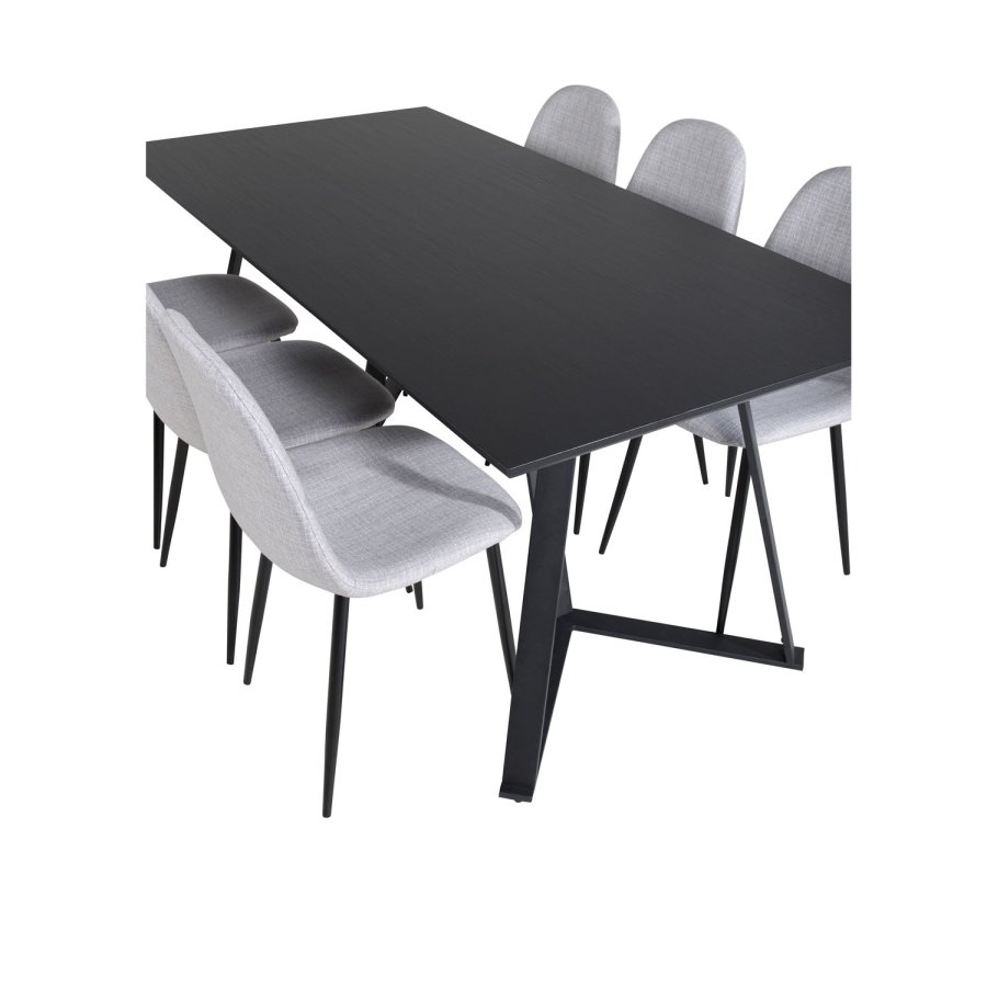 VENTURE DESIGN Marina Matbordsset, med 6 Stolar - Svart Fanér / Svart Metall och Ljusgrtt Tyg / Svart Metall