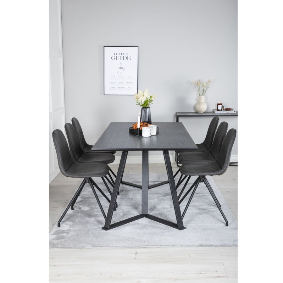 VENTURE DESIGN Marina spisebordsst, m. 6 stole - sort finer/sort metal og sort PU/sort metal