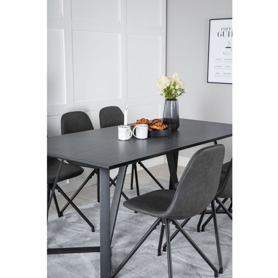 VENTURE DESIGN Marina spisebordsst, m. 6 stole - sort finer/sort metal og sort PU/sort metal