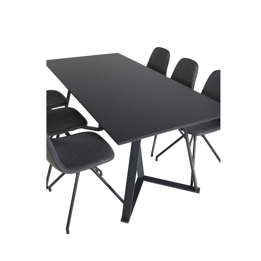 VENTURE DESIGN Marina spisebordsst, m. 6 stole - sort finer/sort metal og sort PU/sort metal