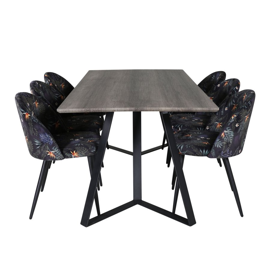 VENTURE DESIGN Marina spisebordsst, m. 6 stole - gr finer/sort metal og multi stof/sort metal