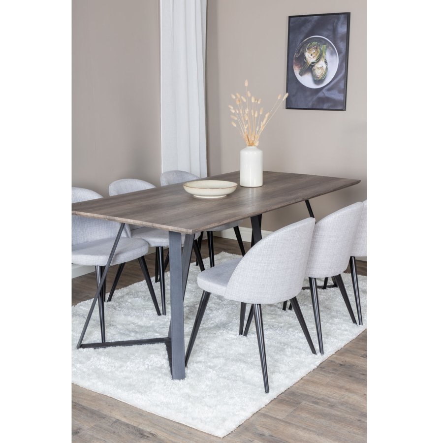 VENTURE DESIGN Marina spisebordsst, m. 6 stole - gr finer/sort metal og lysegr stof/sort metal