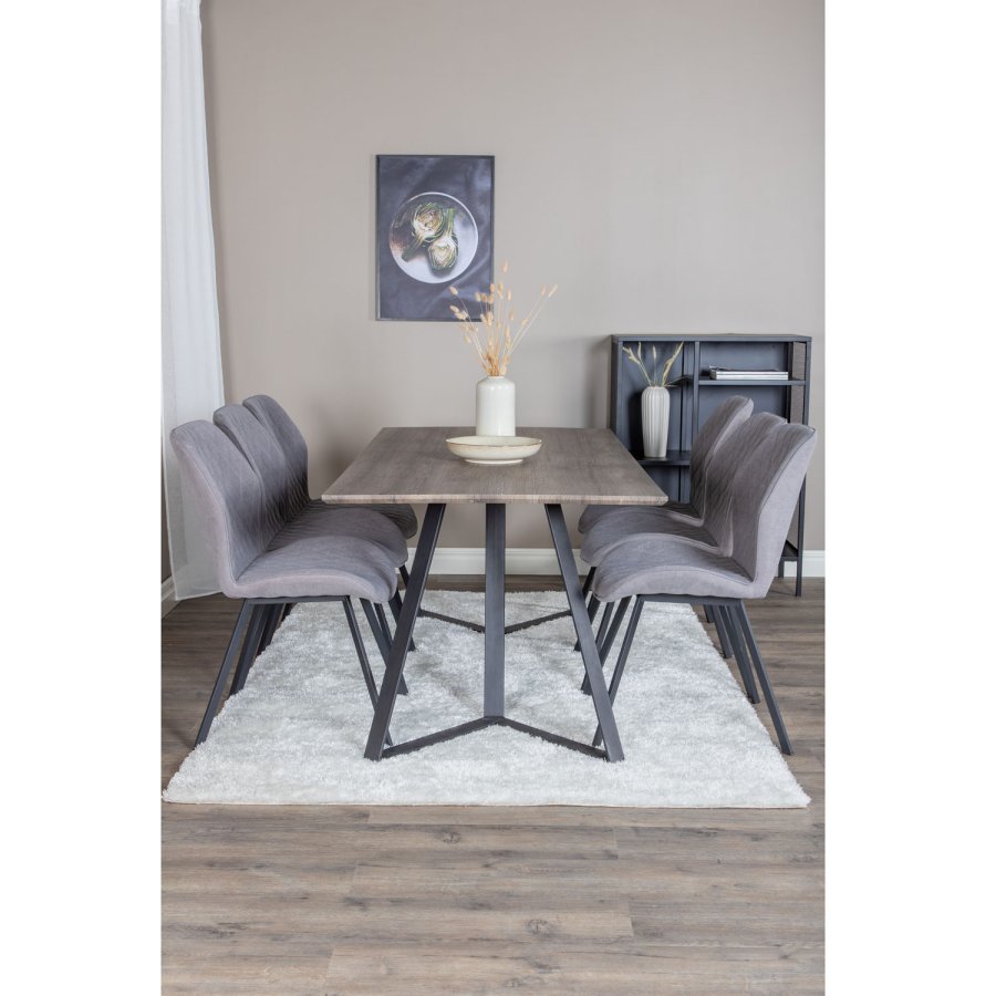 VENTURE DESIGN Marina spisebordsst, m. 6 stole - gr finer/sort metal og gr stof/sort metal
