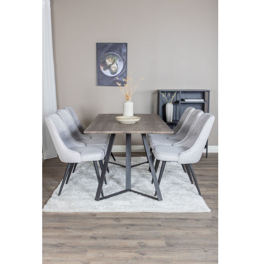 VENTURE DESIGN Marina spisebordsst, m. 6 stole - gr finer/sort metal og lysegr stof/sort metal