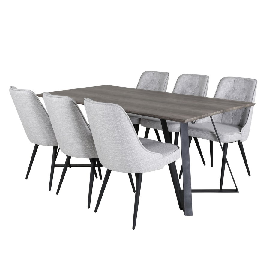 VENTURE DESIGN Marina spisebordsst, m. 6 stole - gr finer/sort metal og lysegr stof/sort metal